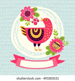 Template greeting card or invitation with bird and flowers. Freehand drawing