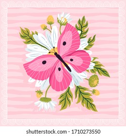 Template greeting card or invitation with butterfly and flowers. Freehand drawing