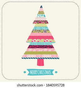 Template greeting card and invitation with a Christmas tree. Freehand drawing. Can be used for scrapbook, banner, print, etc.