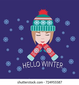 Template greeting card and invitation with cute girl with Hello Winter text. Winter background with hand drawn winter elements,Holiday, Christmas card.
