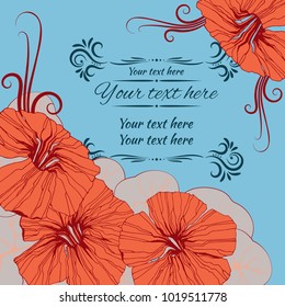 Template for greeting card, invitation, with decorative frame and orange nasturtium flowers on a blue background.