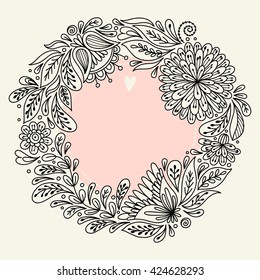 Template greeting card or invitation with decorative flowers. Freehand drawing.