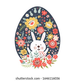 Template for greeting card or invitation. Easter motif with egg and bunny. Floral ornament