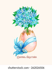 Template for greeting card or invitation. Easter egg with flowers and bow. Happy Easter! Watercolor retro design.