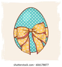 Template for greeting card or invitation. Easter motif with egg and bow. Floral ornament