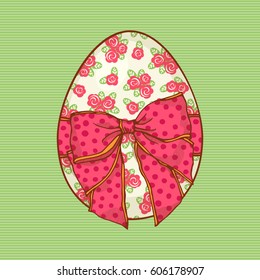 Template for greeting card or invitation. Easter motif with egg and bow. Floral ornament