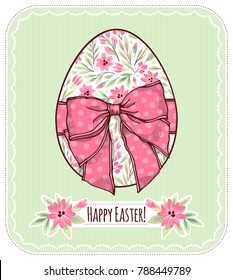 Template for greeting card or invitation. Easter motif with egg and bow. Floral ornament