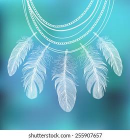 Template greeting card or invitation with feathers.