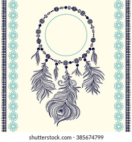 Template greeting card or invitation with feathers. Necklace with feathers. Peacock feather.