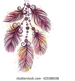 Template greeting card or invitation with feathers