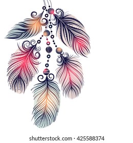 Template greeting card or invitation with feathers