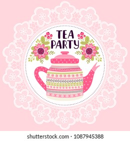 Template greeting card or invitation with flowers and teapot. Can be used for scrapbook, banner, print and etc.