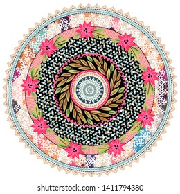 Template greeting card or invitation with flowers and decorative elements in a circle. Freehand drawing