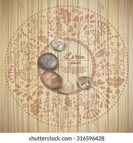 Template greeting card or invitation with flowers on wooden texture. Massage stones. 