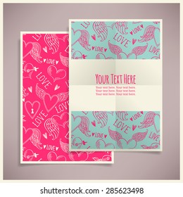 Template greeting card or invitation with hearts and wings.