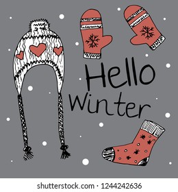 Template greeting card and invitation. Hello winter. Freehand drawing. Winter warm clothes accessories. Doodle style. Can be used for scrapbook, banner, print, etc.
