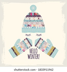 Template greeting card and invitation. Hello winter. Freehand drawing