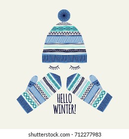 Template greeting card and invitation. Hello winter. Freehand drawing. Can be used for scrapbook, banner, print, etc.