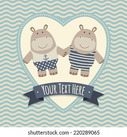 Template greeting card or invitation with hippos.