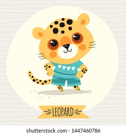 Template greeting card or invitation with leopard. Cartoon style