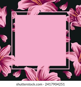 template for greeting card or invitation with open buds of pink lilies, closed buds and green leaves and pink square frame for text, vector