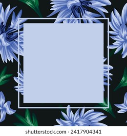 template for greeting card or invitation with open buds of blue cornflowers and green leaves and red square frame for text, vector