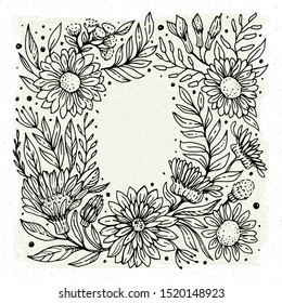 Template greeting card or invitation with plants. Freehand drawing with space for text