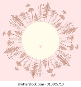 Template greeting card or invitation with plants. Herbarium. Sketch. Freehand drawing with space for text.
