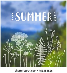 Template greeting card or invitation with plants and summer landscape. Freehand drawing. Can be used for scrapbook, postcards, print, etc.