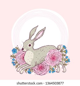 Template greeting card or invitation with rabbit and flowers. Can be used for scrapbook, print and etc.