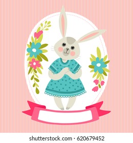 Template greeting card or invitation with rabbit and frame for text or congratulations