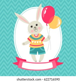 Template greeting card or invitation with rabbit and frame for text or congratulations