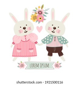 Template greeting card or invitation with rabbits. Can be used for scrapbook, print and etc.