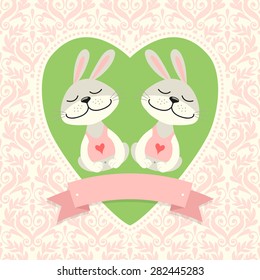 Template greeting card or invitation with rabbits.