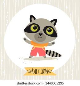 Template greeting card or invitation with raccoon. Cartoon style