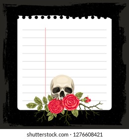 Template greeting card or invitation with roses and skull. Freehand drawing