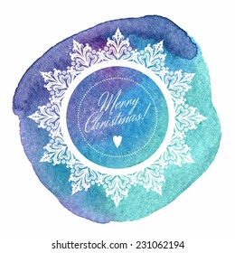 Template greeting card or invitation with snowflake. Merry Christmas. Watercolor background.