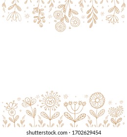 Tarjeta de felicitación de plantilla, invitación de flores estilizadas, ramitas, hierbas. Línea dibujada a mano. Objetos aislados en un fondo blanco. Imagen de su decoración y diseño. Ilustración vectorial. Decoración de oro.