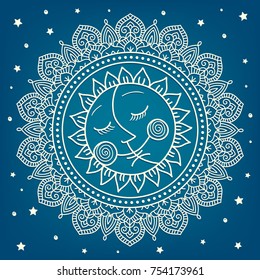 Template greeting card or invitation with sun and moon. Freehand drawing. Can be used for scrapbook, banner, print, etc.