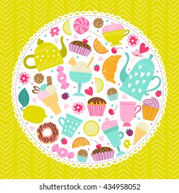 Template greeting card and invitation to a tea party. Illustration with desserts, tea and ice cream