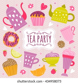 Template greeting card and invitation to a tea party. Illustration with desserts, tea and ice cream