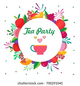  Template greeting card or invitation to "tea party." Vector illustration.