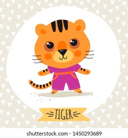 Template greeting card or invitation with tiger. Cartoon style