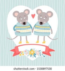 Template greeting card or invitation with two mice. Can be used for scrapbook, print and etc.