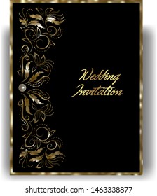 Template greeting card or invitation for wedding, birthday, anniversary, celebration. Gold  vintage gentle texture with  gold frame. Vector illustration.