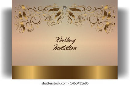 Template greeting card or invitation for wedding, birthday, anniversary, celebration. Gold  vintage gentle texture with  gold strip. Vector illustration.