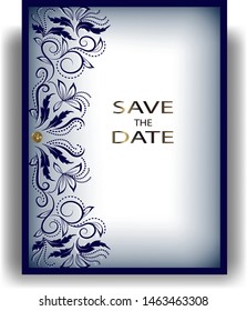 Template greeting card or invitation for wedding, birthday, anniversary, celebration.Blue vintage pattern with blue frame and surround effect with a golden button.  Vector illustration.