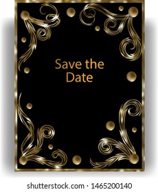 Template greeting card or invitation for wedding, birthday, anniversary, celebration. Golden vintage pattern and golden frame with golden buttons on black background. Vector illustration.Vector illus