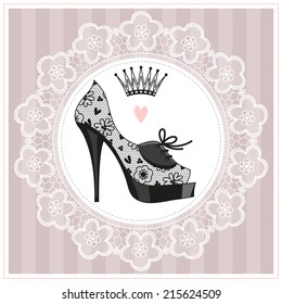 Template greeting card or invitation with women's shoe. Vintage lace.