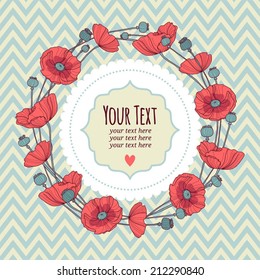 Template greeting card or invitation with a wreath of poppies.